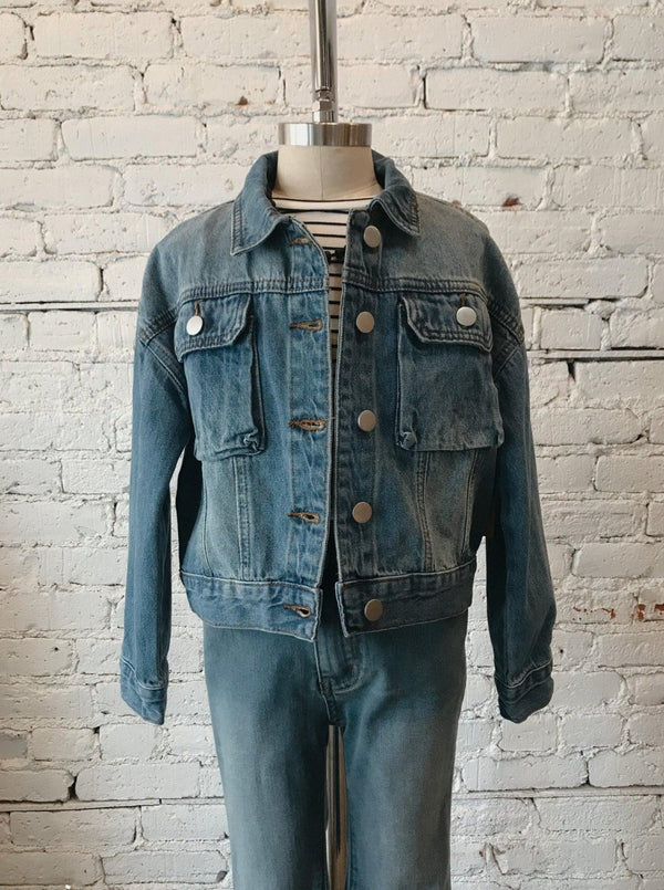 Girls Cargo Pocket Denim Jacket-Girls Jacket-Yellow Umbrella