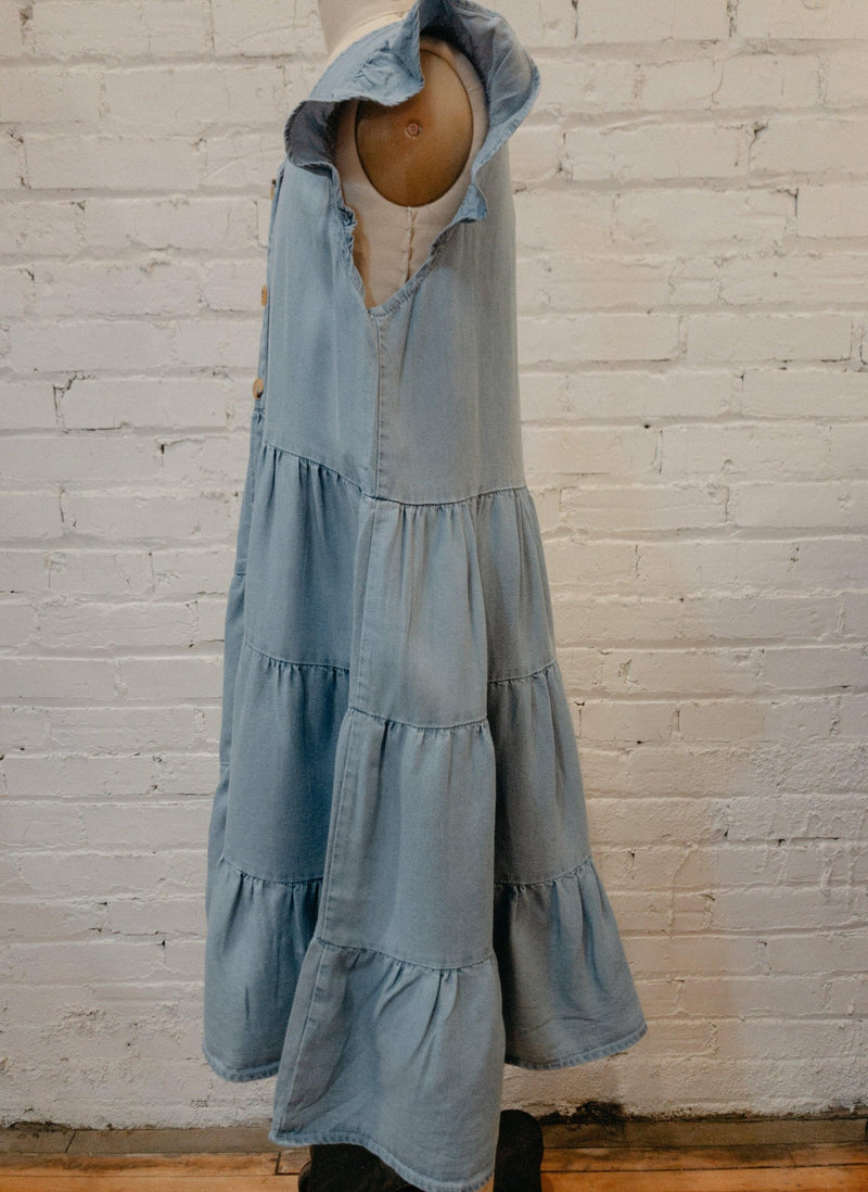 Girls Denim Ruffle Button Down Tiered Dress-Girls Dress-Yellow Umbrella