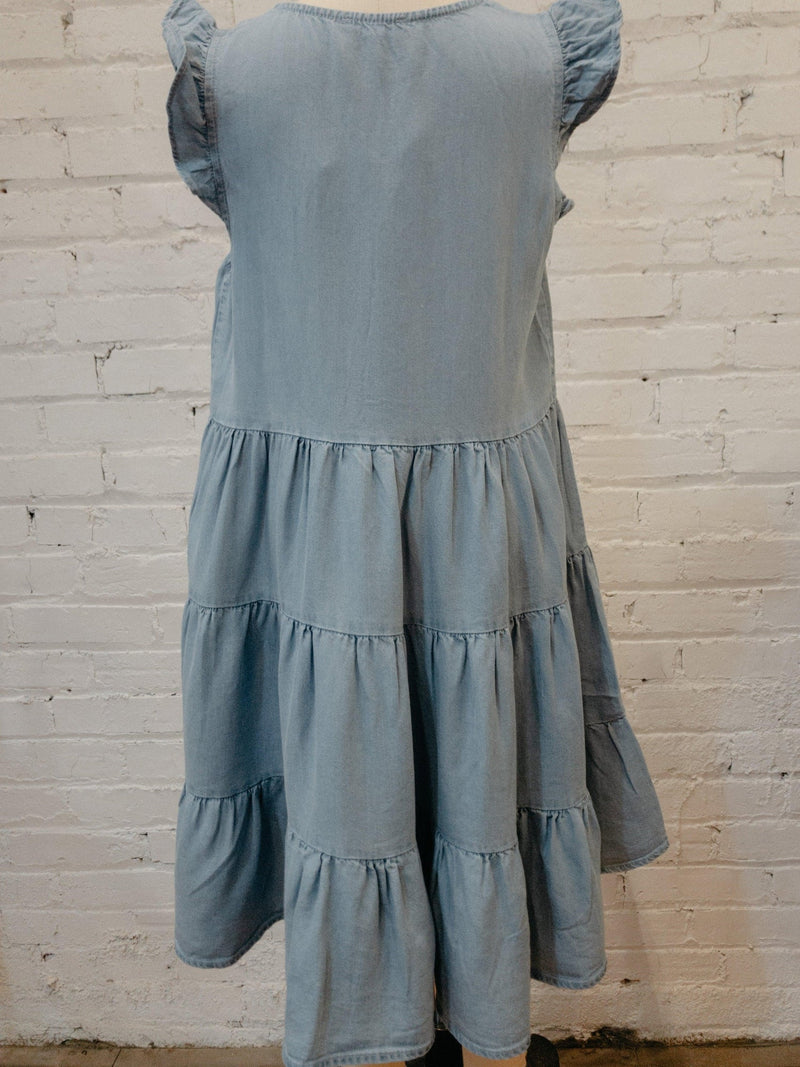 Girls Denim Ruffle Button Down Tiered Dress-Girls Dress-Yellow Umbrella