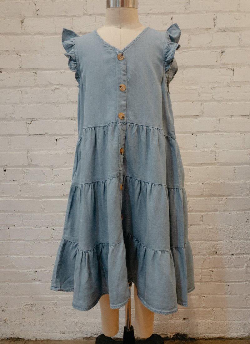 Girls Denim Ruffle Button Down Tiered Dress-Girls Dress-Yellow Umbrella